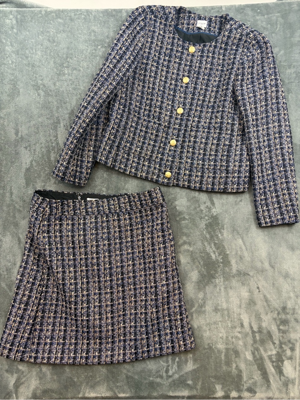 J. Crew Navy Blue Tweed suit Blazer Jacket skirt size 12